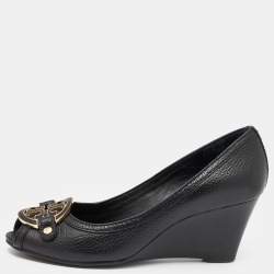 Pre Owned حذاء كعب عالي توري برش أماندا جلد أسود نعل روكي مقدمة مفتوحة مقاس 37.5