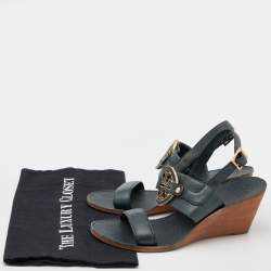 Pre Owned Tory Burch Dark Green Leather Miller Metal Logo Wedge Sandals Size 37.5