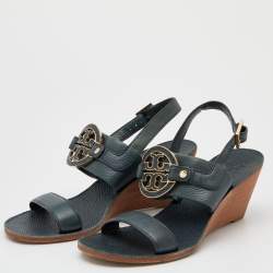 Pre Owned Tory Burch Dark Green Leather Miller Metal Logo Wedge Sandals Size 37.5