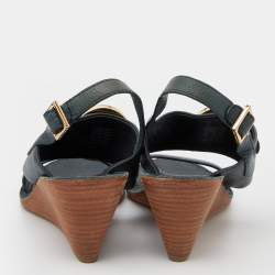 Pre Owned Tory Burch Dark Green Leather Miller Metal Logo Wedge Sandals Size 37.5