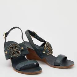 Pre Owned Tory Burch Dark Green Leather Miller Metal Logo Wedge Sandals Size 37.5