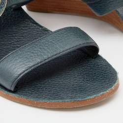 Pre Owned Tory Burch Dark Green Leather Miller Metal Logo Wedge Sandals Size 37.5