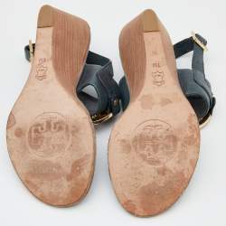 Pre Owned Tory Burch Dark Green Leather Miller Metal Logo Wedge Sandals Size 37.5