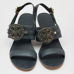 Pre Owned Tory Burch Dark Green Leather Miller Metal Logo Wedge Sandals Size 37.5