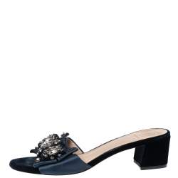 Pre Owned صندل سلايد توري برش ساتان أزرق كحلي مزخرف مقاس 38