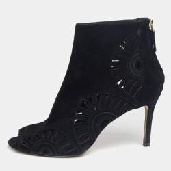 Pre Owned Tory Burch Black Suede Leyla Peep Toe Ankle Boots Size 39.5