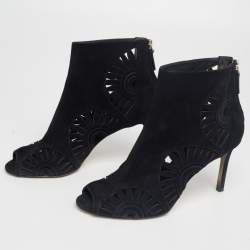 Pre Owned Tory Burch Black Suede Leyla Peep Toe Ankle Boots Size 39.5
