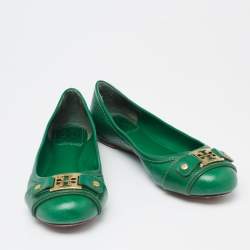 Pre Owned Tory Burch Green Leather Cline Ballet Flats Size 37.5