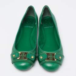 Pre Owned Tory Burch Green Leather Cline Ballet Flats Size 37.5