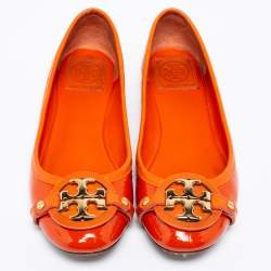 Pre Owned Tory Burch Orange Patent Leather Aaden Ballet Flats Size 37.5