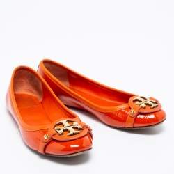 Pre Owned Tory Burch Orange Patent Leather Aaden Ballet Flats Size 37.5