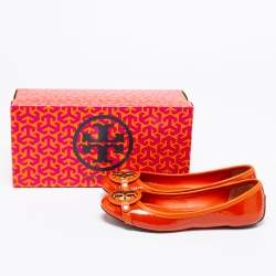 Pre Owned Tory Burch Orange Patent Leather Aaden Ballet Flats Size 37.5
