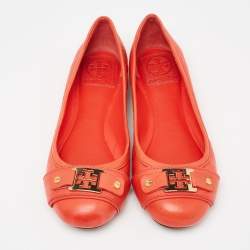 Pre Owned Tory Burch Scarlet Red Leather Cline Ballet Flats Size 37.5