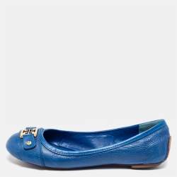 Pre Owned Tory Burch Blue Leather Cline Ballet Flats Size 37.5