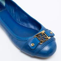 Pre Owned Tory Burch Blue Leather Cline Ballet Flats Size 37.5