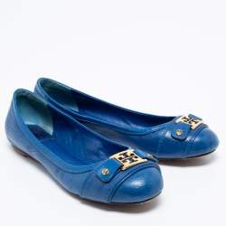 Pre Owned Tory Burch Blue Leather Cline Ballet Flats Size 37.5