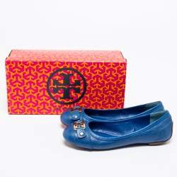 Pre Owned Tory Burch Blue Leather Cline Ballet Flats Size 37.5
