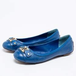 Pre Owned Tory Burch Blue Leather Cline Ballet Flats Size 37.5