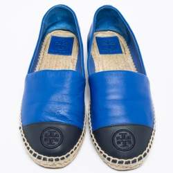 Pre Owned حذاء إسبادريل فلات توري برش جلد أزرق رويال/أسود مقاس 39.5