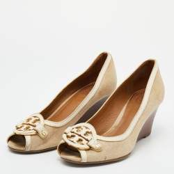 Pre Owned Tory Burch Beige/White Canvas and Leather Amanda Peep Toe Wedge Pumps Size 38