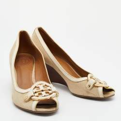 Pre Owned Tory Burch Beige/White Canvas and Leather Amanda Peep Toe Wedge Pumps Size 38