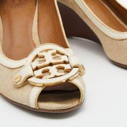 Pre Owned Tory Burch Beige/White Canvas and Leather Amanda Peep Toe Wedge Pumps Size 38