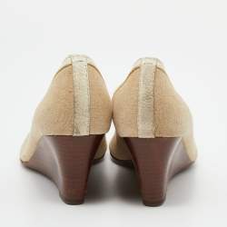 Pre Owned Tory Burch Beige/White Canvas and Leather Amanda Peep Toe Wedge Pumps Size 38
