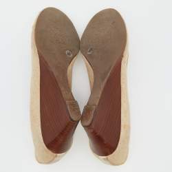 Pre Owned Tory Burch Beige/White Canvas and Leather Amanda Peep Toe Wedge Pumps Size 38