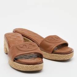 Pre Owned Tory Burch Brown Leather Fleming Espadrille Slides Size 37