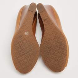 Pre Owned حذاء كعب عالي توري برش جوليان جلد بني كعب روكي مقدمة مفتوحة مقاس 38