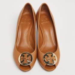 Pre Owned حذاء كعب عالي توري برش جوليان جلد بني كعب روكي مقدمة مفتوحة مقاس 38