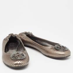 Tory Burch Metallic Grey Snakeskin Embossed Leather Minnie Ballet Flats Size 38