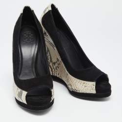 Tory Burch Black/Grey Suede and Python Embossed Leather Sandra Wedge Peep Toe Pumps Size 37.5
