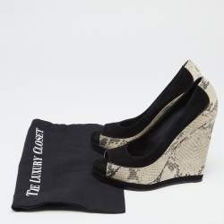 Tory Burch Black/Grey Suede and Python Embossed Leather Sandra Wedge Peep Toe Pumps Size 37.5