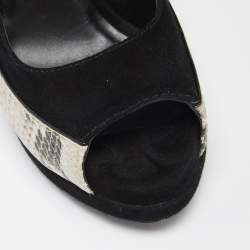 Tory Burch Black/Grey Suede and Python Embossed Leather Sandra Wedge Peep Toe Pumps Size 37.5