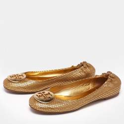 مملوكة مسبقًا Tory Burch Gold Snakeskin Embossed Leather Minnie Ballet Flats Size 38