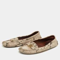 Pre Owned Tory Burch Cream/Brown Python Embossed Leather Driving Loafers Size 38.5