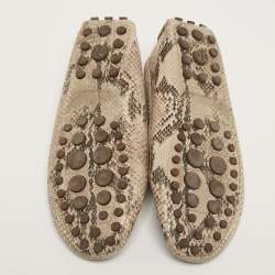 Pre Owned Tory Burch Cream/Brown Python Embossed Leather Driving Loafers Size 38.5