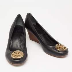 Pre Owned حذاء كعب عالي توري برش جلد أسود كعب روكي مقاس 38.5