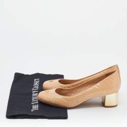 Pre Owned Tory Burch Beige Patent Quilted Leather Round Toe Block Heel Pumps Size 36
