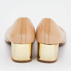Pre Owned Tory Burch Beige Patent Quilted Leather Round Toe Block Heel Pumps Size 36
