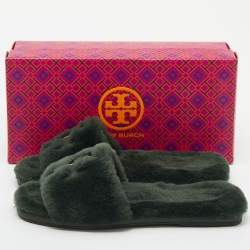 Pre Owned Tory Burch Green Shearling Double T Fluffy Flat Slides Size 38