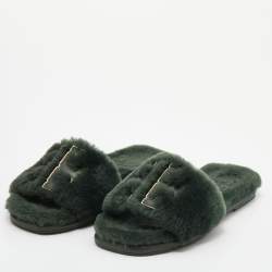 Pre Owned Tory Burch Green Shearling Double T Fluffy Flat Slides Size 38
