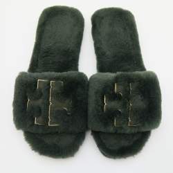 Pre Owned Tory Burch Green Shearling Double T Fluffy Flat Slides Size 38