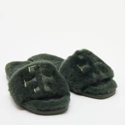 Pre Owned Tory Burch Green Shearling Double T Fluffy Flat Slides Size 38
