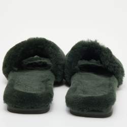 Pre Owned Tory Burch Green Shearling Double T Fluffy Flat Slides Size 38