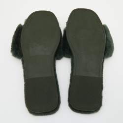 Pre Owned Tory Burch Green Shearling Double T Fluffy Flat Slides Size 38