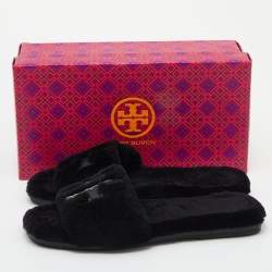 مملوكة مسبقًا Tory Burch Black Shearling Double T-Fluffy Flat Slides Size 40