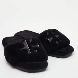 مملوكة مسبقًا Tory Burch Black Shearling Double T-Fluffy Flat Slides Size 40