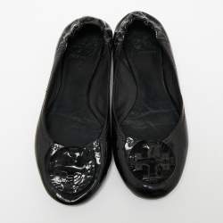 Pre Owned Tory Burch Black Patent Leather Reva Scrunch Ballet Flats Size 38 